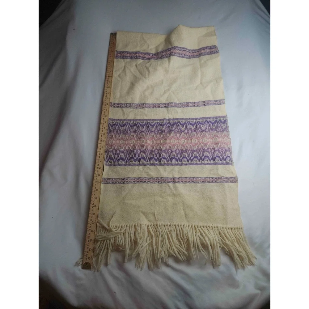 Hand Woven Table Runner Scarf Cream Purple Pink Fringe Artisanal Woven Decor 35